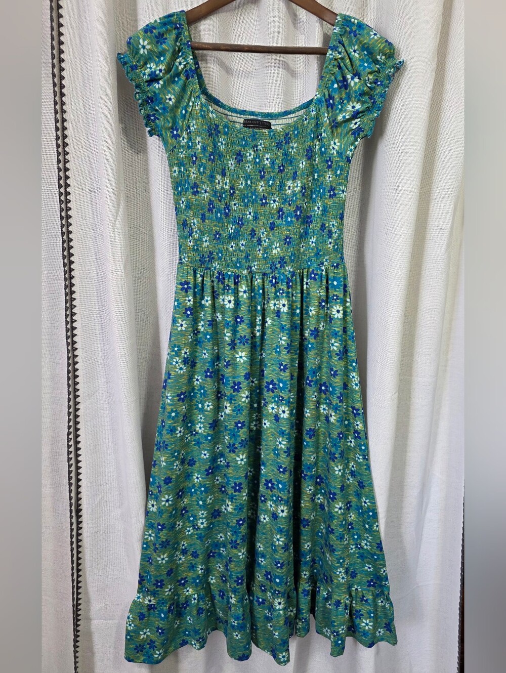 Urban Outfitters Green and Blue Floral Smocked Midi Dress with Ruffle Sleeves